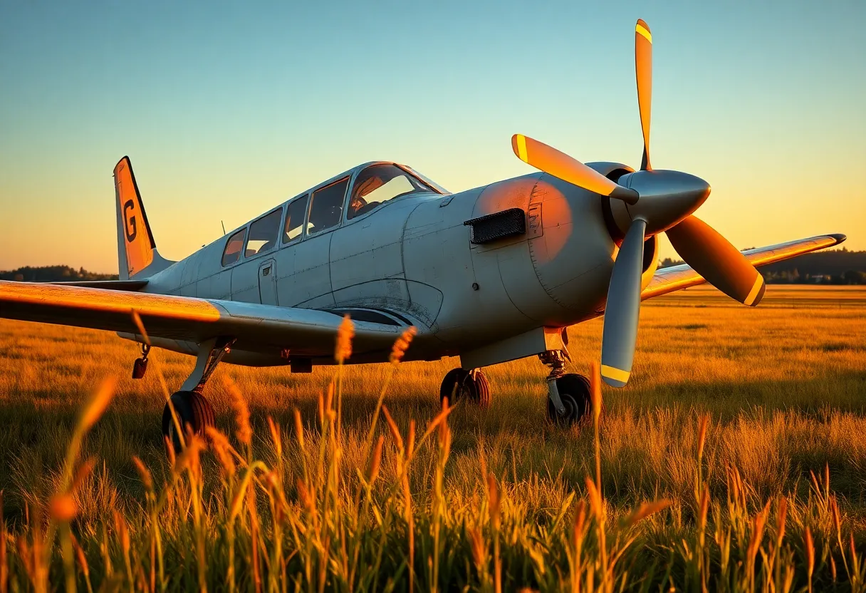 This charming image features a vintage propeller airplane resting on a lush grassy airstrip bathed in the warm glow of golden hour. The textured surface of the aircraft tells a story of its history, enhanced by the soft light that draws attention to its classic lines. The wildflowers and grass framing the scene add a touch of nature's beauty, evoking feelings of nostalgia and tranquility.