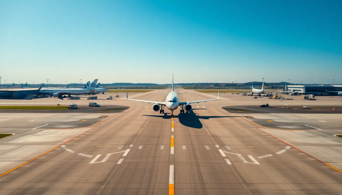 Aerial View of Busy Airport Runway This striking aerial photograph captures a bustling airport runway with a Boeing 737 gracefully landing under bright midday sun. The vibrant blue sky contrasts beautifully with the gray tarmac, creating an energetic atmosphere. The shallow depth of field enhances focus on the aircraft while allowing the activity of the airport to recede into a soft blur. The composition draws the eye along the runway, showcasing the vibrant life of aviation.