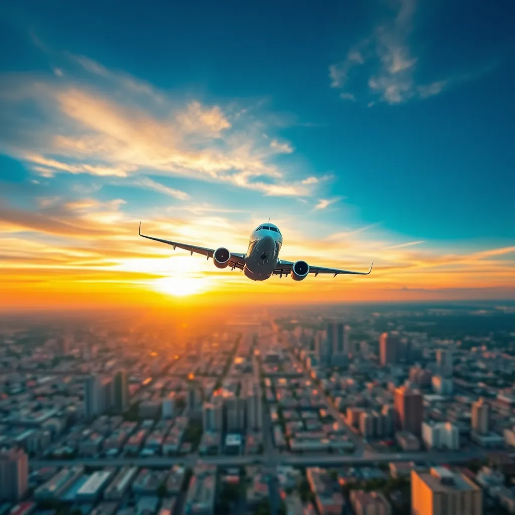 Aerial View of Airplane Over City at Sunset