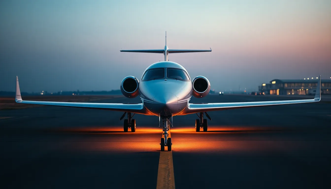 An elegant private jet sits poised on the tarmac, illuminated by the cool light of dawn. The soft blue tones of morning are complemented by warm reflections from the runway, highlighting the sleek design of the aircraft. This image captures the essence of luxurious travel and sophistication, with every detail of the jet in exquisite focus. The symmetrical composition draws the eye to the jet, emphasizing its beauty against the textured backdrop of the tarmac.