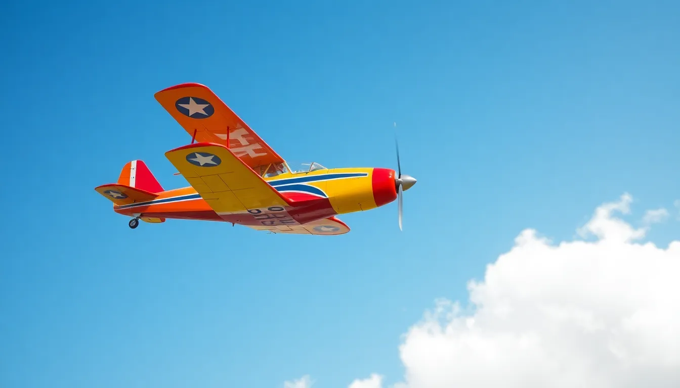 An eye-catching image of a vintage biplane soaring through a clear blue sky, accentuated by the bright, diffused daylight. The vibrant colors of the aircraft paint job stand out against soft white clouds, evoking a sense of nostalgia for classic aviation. The composition is centered on the biplane, with a shallow depth of field enhancing the focus on its charming design and historic significance.