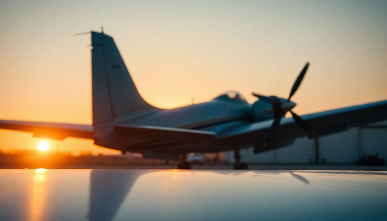 Sunset Takeoff of Airplane A striking photograph of an airplane taking off during a golden sunset, showcased with warm backlighting. The aircraft is framed on the right side, creating a dynamic composition. The sunlight reflects off the weathered aluminum body, enhancing the visual impact with a creamy bokeh in the background. The teal and orange color grading adds a cinematic feel to the scene.