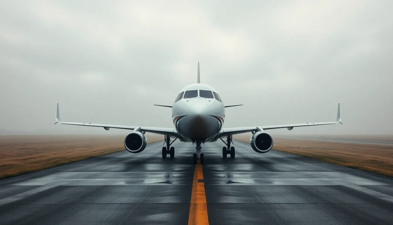 A sleek commercial airplane sits on a wet runway, surrounded by a soft morning fog. The overcast sky provides a diffused light that enhances the muted color palette of the scene. This photograph captures the details of the aircraft and the reflective quality of the wet surface. The hyperfocal depth ensures clarity throughout the composition, creating a serene yet powerful mood.