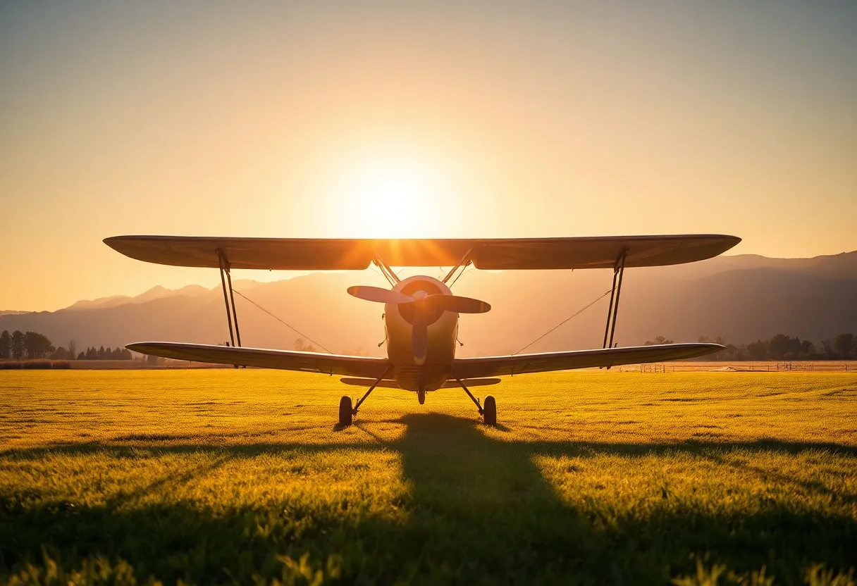 A vintage biplane rests on a grassy airstrip, bathed in the warm light of the golden hour. The beautiful wooden and fabric details of the aircraft are illuminated, creating a nostalgic ambiance. Surrounding lush greenery frames the scene while distant mountains provide a serene backdrop. The natural lighting enhances the richness of the textures, making this photograph a perfect capture of aviation history.