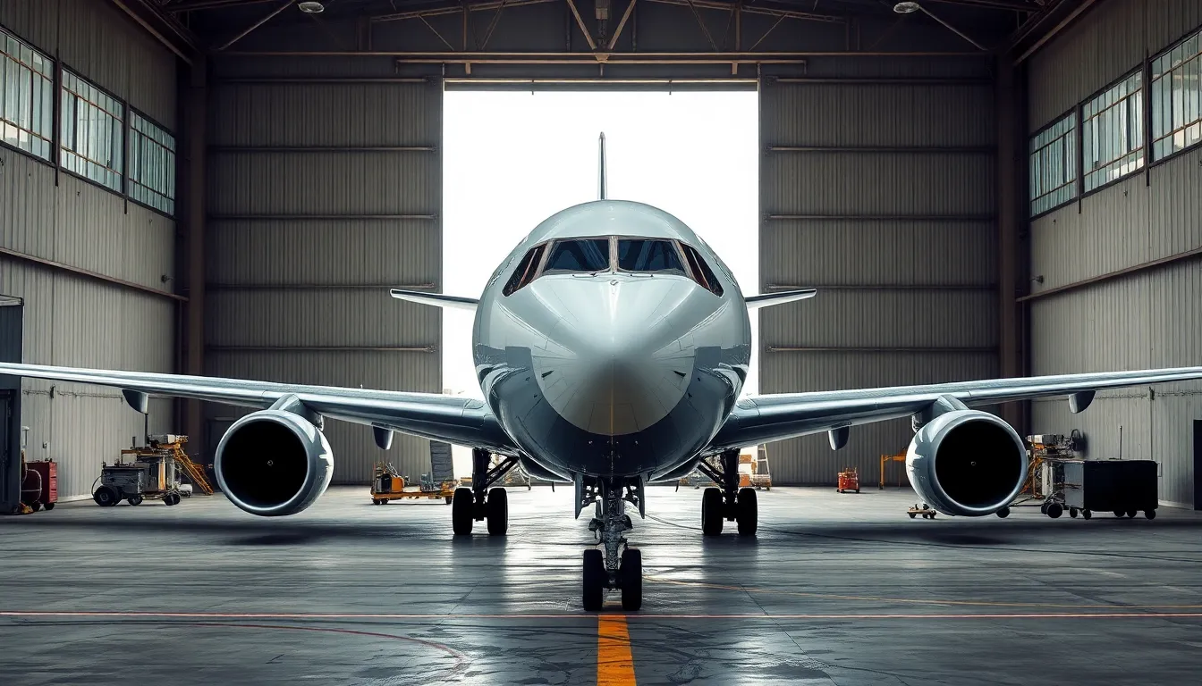 This atmospheric image features an aircraft positioned inside a hangar, illuminated by soft, diffused daylight. The subdued color palette enhances the industrial feel while highlighting the airplane's intricate textures. Tools and equipment in the foreground suggest a story of preparation, evoking feelings of anticipation and the promise of adventure on the horizon.