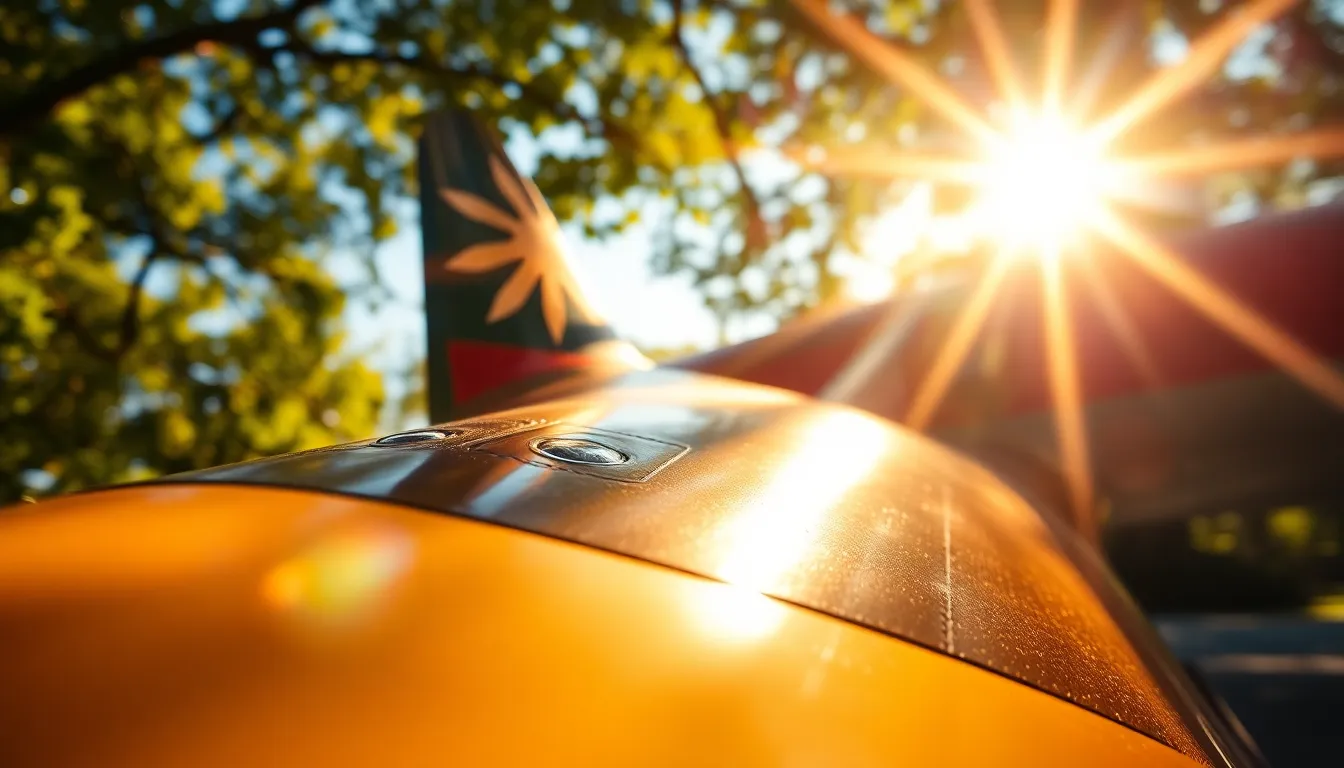 This vibrant close-up captures the intricate details of an airplane’s tail, where dappled sunlight dances across the surface, emphasizing the textures and colors. The image bursts with saturated hues, creating a lively and engaging scene. The shallow depth of field and soft bokeh background draw attention to the craftsmanship of the aircraft, inviting viewers to appreciate the beauty of aviation technology.