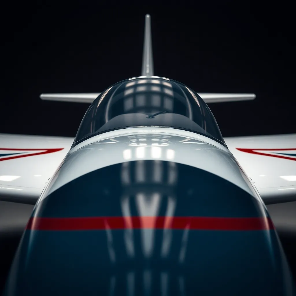 An intricately detailed close-up of an airplane cockpit, showcasing the elegance of its design. The studio lighting highlights the contours and reflections on the glass, emphasizing the sleek lines of the aircraft. This macro shot's rich colors and textures make it a stunning representation of aviation technology. The centered composition allows the viewer to appreciate the precision and artistry involved in the cockpit's design.