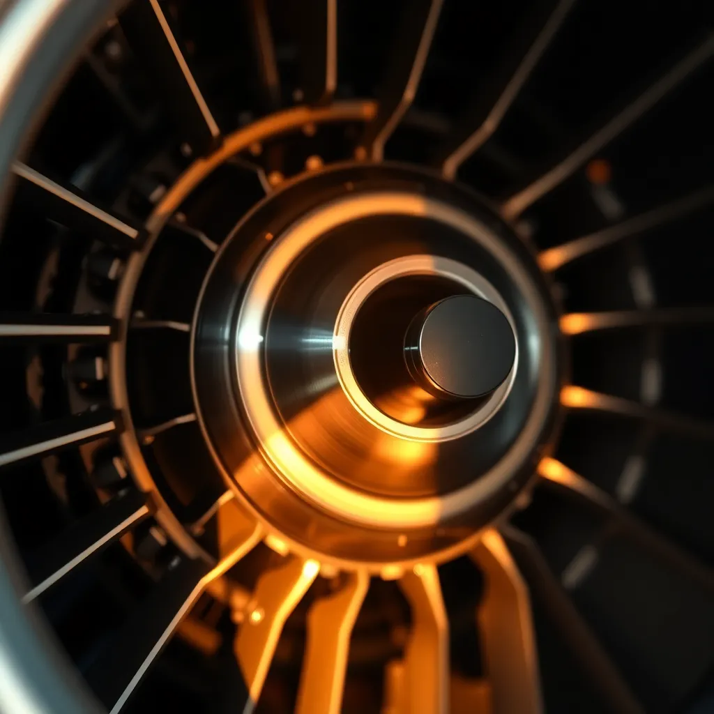 An intimate close-up of an airplane engine reveals the beautifully crafted components of this engineering marvel. Warm tungsten light reflects off the brushed stainless steel, showcasing intricate textures and details. The soft bokeh effect isolates the engine, emphasizing its complexity and sophistication. This photograph captures the essence of aviation technology, inviting viewers to appreciate the meticulous craftsmanship behind airplane engines.