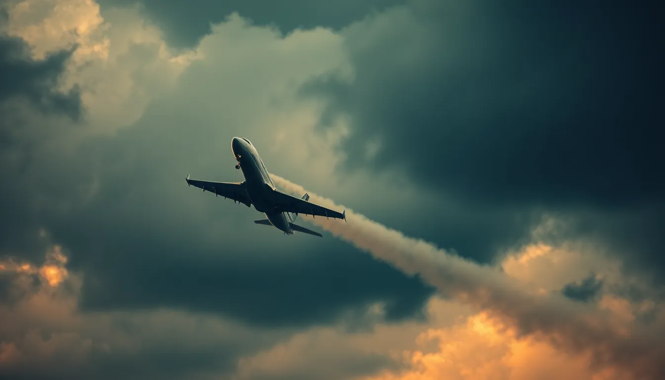 An exhilarating image of an airplane taking off against a stormy sky, showcasing the powerful thrust and smoke trail in a dramatic moment. The dark, ominous clouds create a stark contrast with the jet, while the cinematic teal and orange color grading enhances the overall mood. The dynamic Dutch angle adds tension and excitement, effectively capturing the energy of flight during intense weather conditions.
