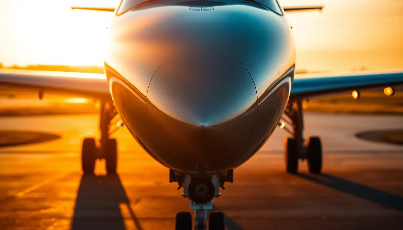 A modern airplane is poised for takeoff during a stunning sunset, highlighted by warm, golden hour light. The aircraft's fuselage is gleaming with reflections of vibrant sky colors, enhancing its streamlined design. The shallow focus draws attention to the airplane while the softly blurred runway provides context. This dynamic composition captures a moment of anticipation and excitement in air travel.