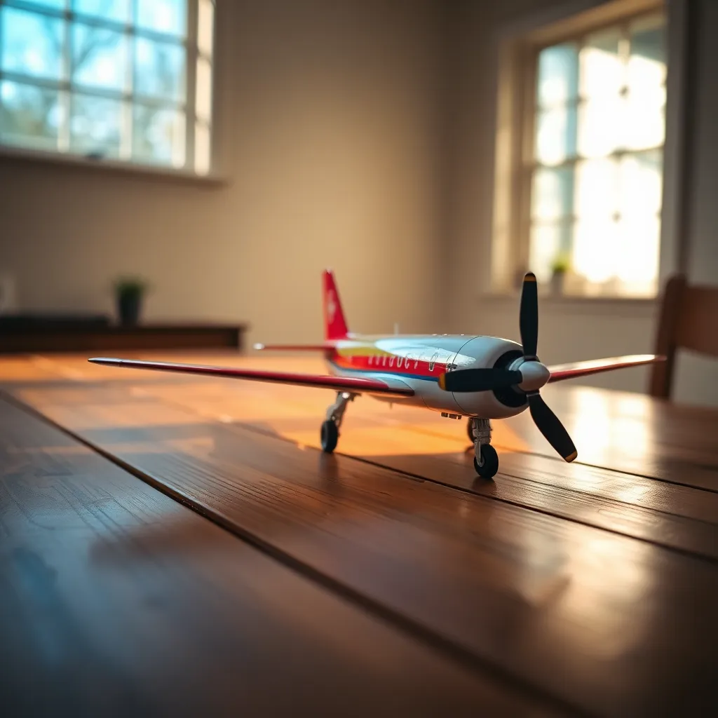 An exquisite macro shot of a detailed model airplane displayed on a polished wooden table. Natural light filters softly through a nearby window, illuminating the intricacies of the model's design. The shallow depth of field draws the viewer's attention to the craftsmanship while creating a dreamy background. Rich wood tones and vibrant colors of the airplane enhance the overall aesthetic, delivering a serene and artistic feel.