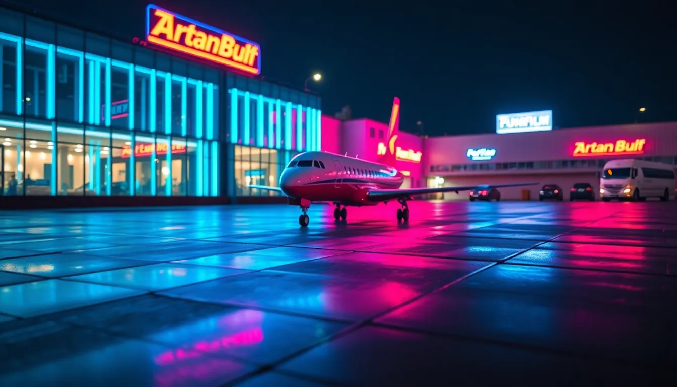 Airplane Under Neon Lights A captivating macro shot of an airplane parked under vibrant neon lights, creating a striking contrast against the wet pavement. The tilt-shift effect gives the image a unique miniature feel, while reflections enhance the mood with rich colors. The airplane is positioned following the rule of thirds, drawing the viewer's eye and immersing them in the scene's urban energy.
