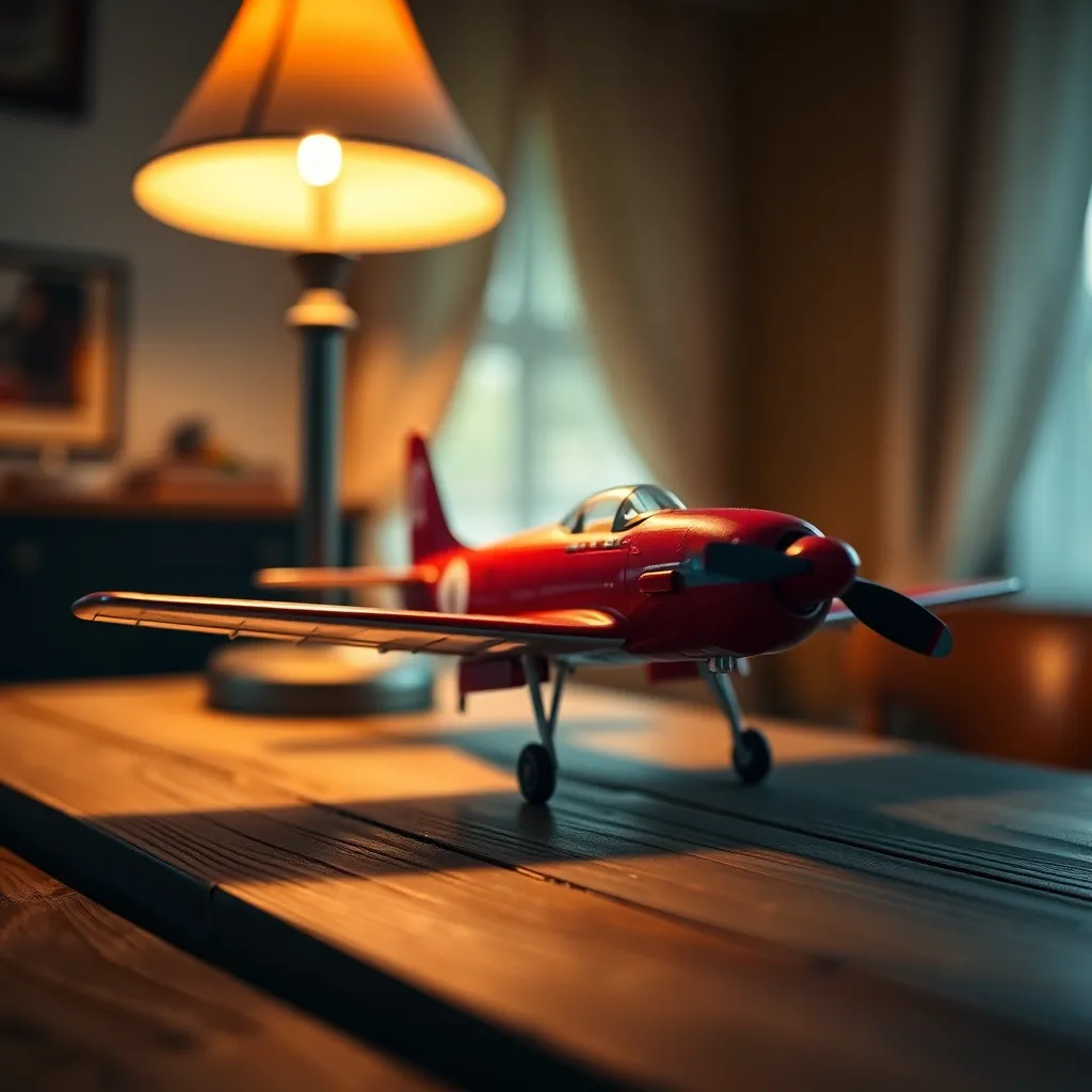 This intimate close-up shot showcases a meticulously crafted model airplane resting on a rustic wooden table. The warm light from a tungsten lamp accentuates the rich colors and details of the aircraft's design, inviting the viewer to appreciate its craftsmanship. A shallow depth of field draws attention to the model, creating a magical, nostalgic mood. The texture of the weathered wood contrasts beautifully against the smooth contours of the airplane, enhancing the scene's overall warmth and charm.
