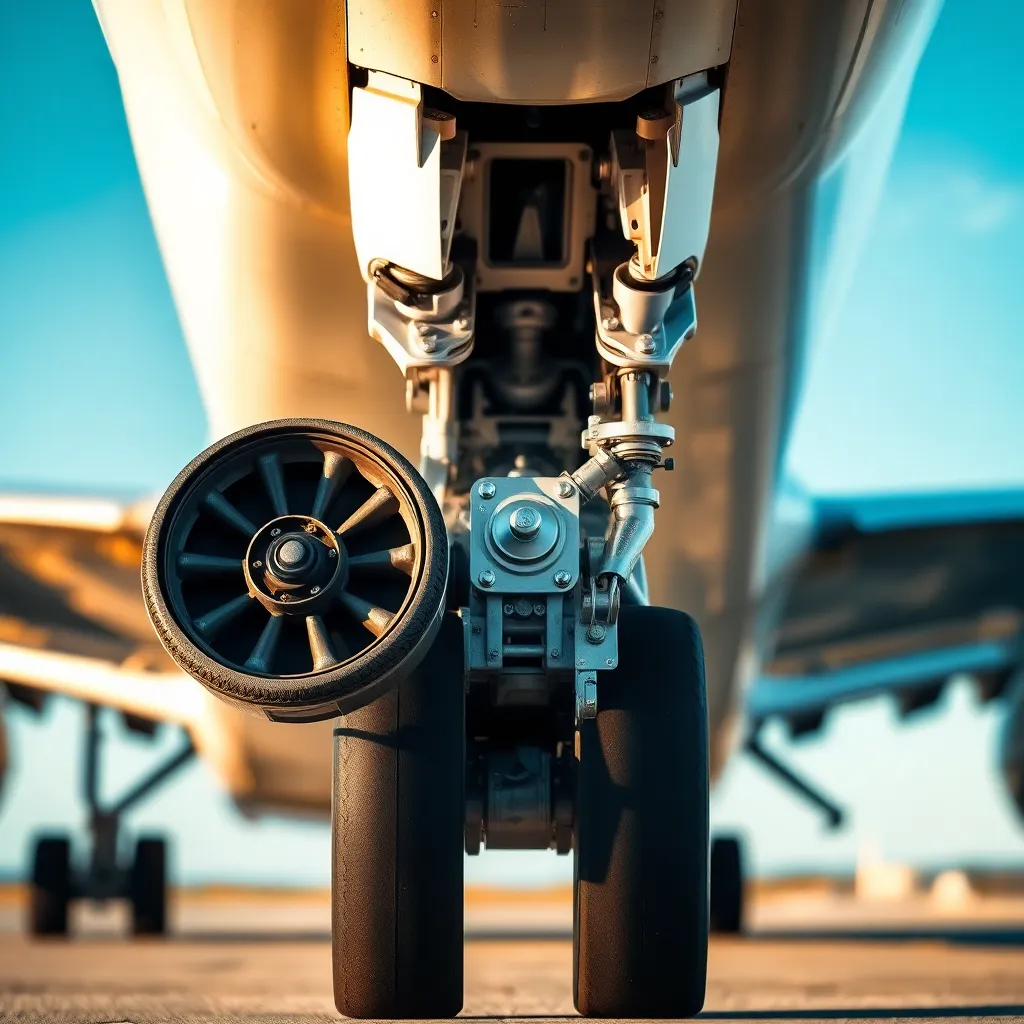 An intimate close-up of an airplane's landing gear reveals the intricate mechanics involved in aviation engineering. Captured in sharp detail against a clear blue sky, this image highlights the textures of metal and rubber with natural lighting enhancing the scene. The shallow depth of field pulls focus on the landing gear, inviting viewers to appreciate the complexities of aircraft design.