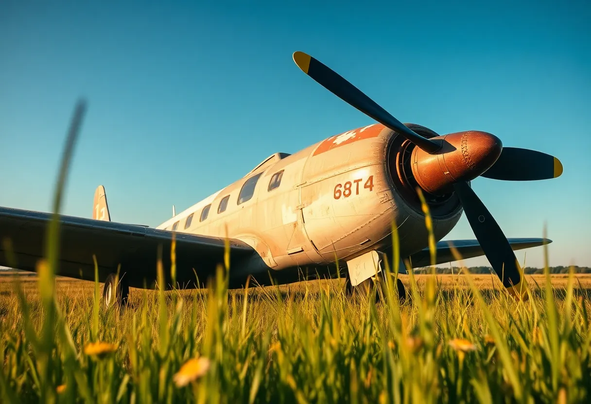 A beautifully detailed photograph of a vintage airplane resting on a picturesque grassy airfield. The warm sunlight brings out the rich textures of the aircraft's weathered paint, hinting at its storied history. Wildflowers in the foreground frame the scene, adding a sense of nostalgia and tranquility. This image transports viewers to a simpler time in aviation.