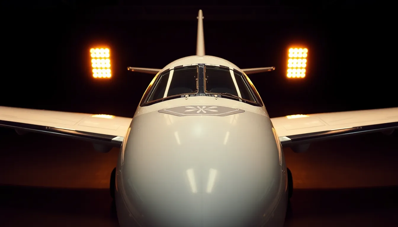 A meticulously crafted airplane model is showcased in a studio setting, illuminated by warm tungsten lights. The butterfly lighting highlights the smooth contours and reflective surfaces, creating a sense of elegance. The warm tones and creamy highlights evoke depth and detail, making this image perfect for advertising or promotional materials. The centered composition emphasizes the aircraft's sleek design.