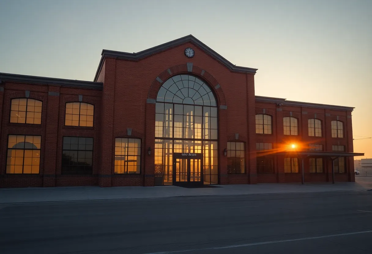 This stunning image showcases a beautifully restored vintage airport terminal at twilight, bathed in warm golden light from the setting sun. The architecture, with its intricate brickwork and expansive glass windows, reveals the rich history and charm of aviation. A symmetrical composition captures the grandeur of the terminal, while shadows add depth and contrast to the scene. This tranquil moment evokes nostalgia, drawing viewers into the timeless appeal of travel and exploration.