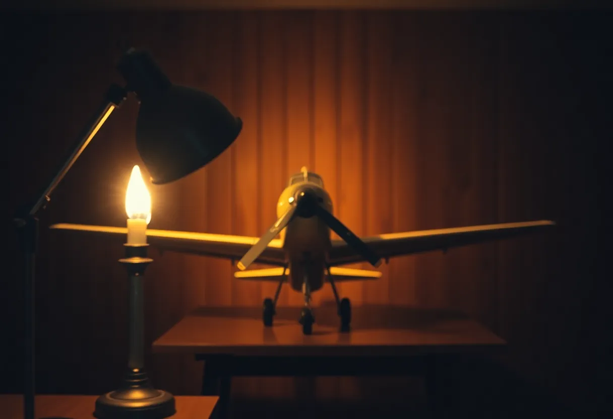 Vintage Airplane at Museum A beautifully detailed photograph of a vintage airplane on display in a museum setting, warmly lit by a tungsten desk lamp. The shallow depth of field adds focus on the aircraft while the rich wood paneling in the background complements the nostalgic theme. The colors are warm and inviting, creating a cozy atmosphere that transports viewers back in time.