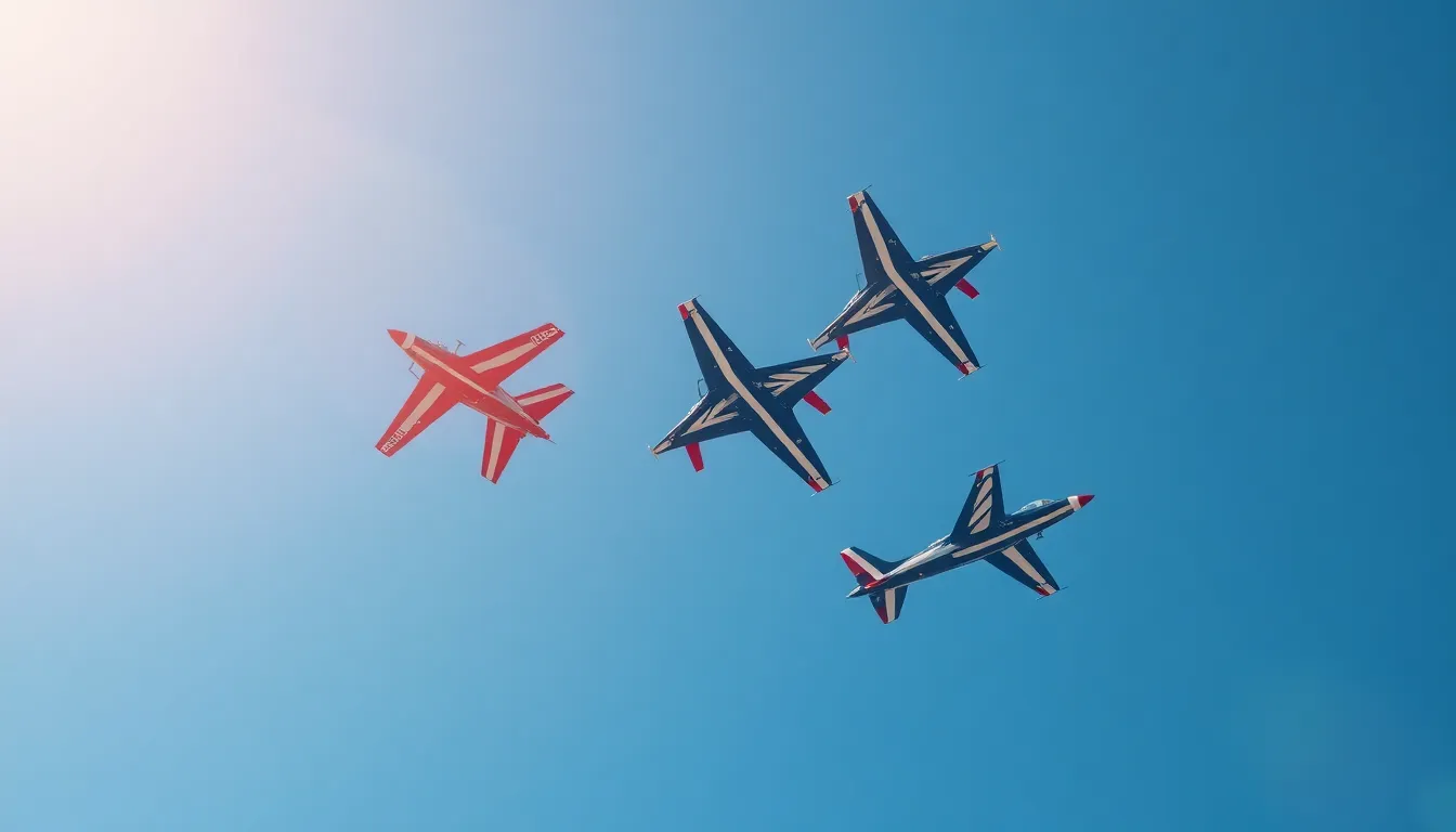 This exhilarating image captures multiple fighter jets performing daring aerial acrobatics in a stunning airshow. The vibrant colors of the aircraft stand out vividly against a clear azure sky, instilling a sense of thrill and action. Utilizing a Dutch angle adds to the dynamic composition, heightening the viewer's excitement. Sunlight illuminates the scene, creating sharp contrasts and emphasizing the jets' sleek designs. This image perfectly embodies the spirit of aviation and performance.
