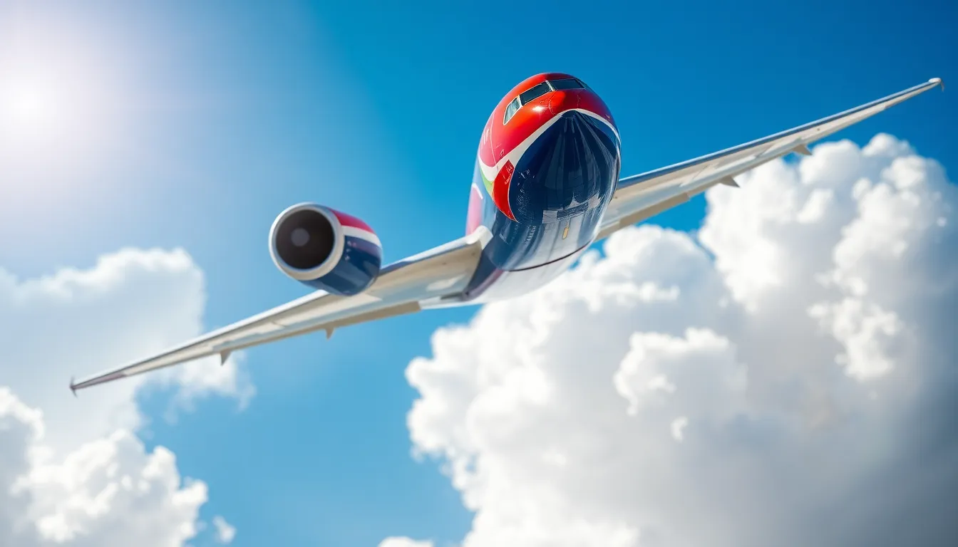 An airplane gracefully soars through a pristine blue sky, captured against a backdrop of fluffy white clouds. The strong sunlight brings out the vibrant colors of the aircraft's livery, while the selective focus adds a sense of dynamism and excitement to the shot. This image encapsulates the thrill of flight and the beauty of aviation, appealing to both enthusiasts and travelers alike.