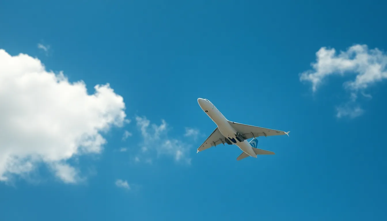 An exhilarating shot of a jet soaring high against a backdrop of bright blue sky and soft white clouds. The jet is sharply in focus, showcasing its sleek design and power as it climbs upwards. Bright, vivid colors enhance the sense of freedom and adventure, while the dynamic composition evokes movement and speed. The expansive depth of field ensures that the aircraft stands out dramatically against the tranquil sky.