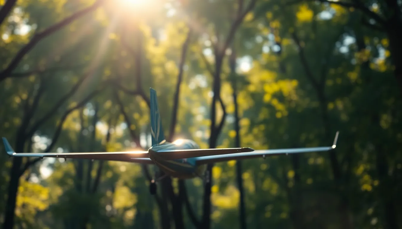 Airplane Above the Forest An awe-inspiring image of an airplane soaring over a dense forest, captured with dappled sunlight creating a magical bokeh effect. The focus is on the airplane's tail section, while the vibrant greens and blues of the forest add depth to the composition. Leading lines from the trees direct the viewer's gaze effortlessly to the airplane, enhancing the sense of motion and adventure.