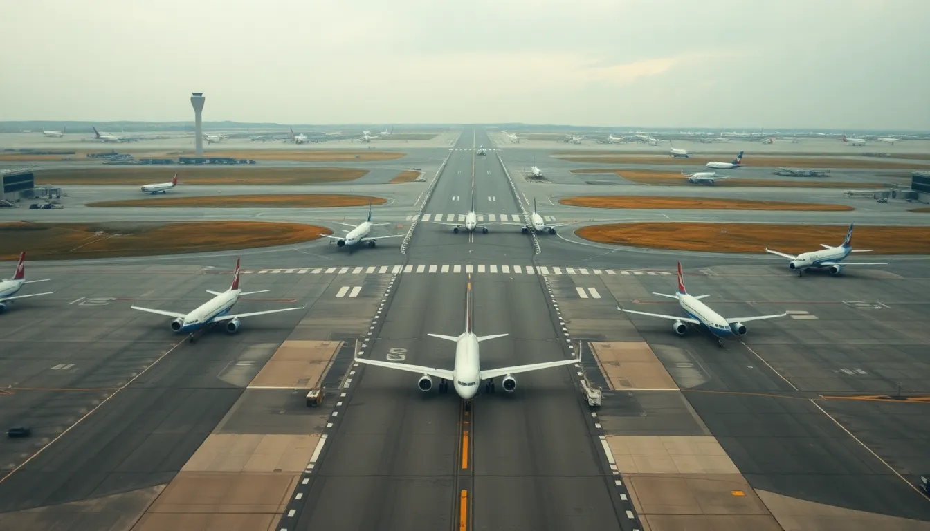 An aerial view reveals a busy airport runway, where multiple aircraft taxiing create a flurry of activity. The overcast sky provides soft, diffused lighting, highlighting the tarmac's textures and the varied colors of the planes. The image exhibits a harmonious blend of muted tones, offering a serene perspective on the bustling environment. Leading lines from the runway draw the viewer's gaze across the scene, encapsulating the essence of modern aviation.
