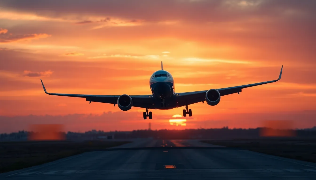 Experience the thrilling moment a Boeing 737 lifts off into a beautiful sunset sky, with vibrant oranges and purples creating a dramatic backdrop. The photograph captures the aircraft in sharp focus, showcasing its sleek design against the dappled clouds. Leading lines from the runway draw the viewer's eye toward the airplane, enhancing the sense of motion and excitement. This stunning image embodies the essence of air travel and the beauty of flight.