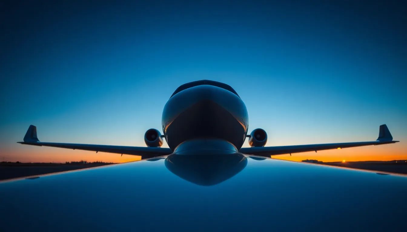 This captivating image captures the silhouette of an airplane at twilight, the deep blue sky contrasting beautifully with the glowing edges of the craft. Reflections on the aircraft’s surface catch the last rays of light, creating a striking visual effect. The symmetrical composition lends a sense of stability and admiration, perfectly showcasing this marvel of engineering amidst the transitioning sky.