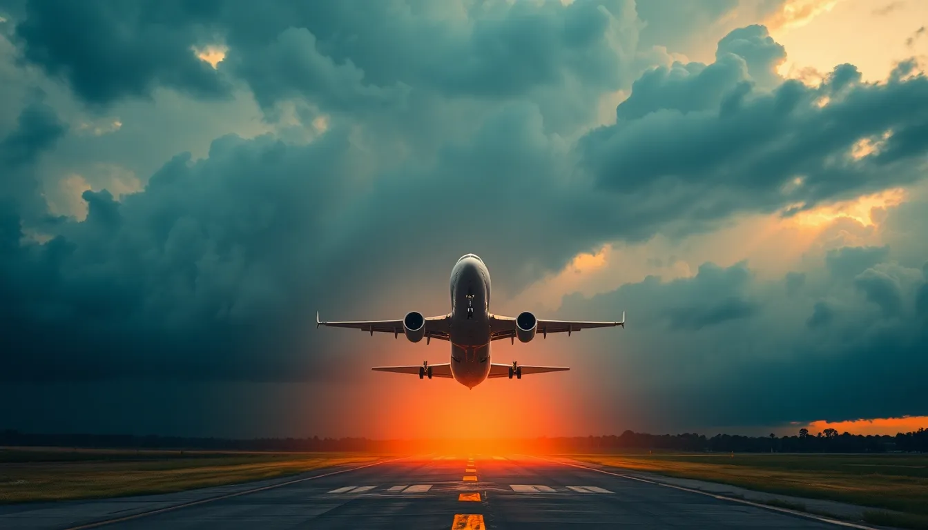 This dramatic image captures an airplane taking off amidst looming storm clouds. A warm tungsten light beautifully contrasts with the cool tones of the clouds, creating a cinematic feel. The composition centers the aircraft as it ascends, aided by leading lines that emphasize motion and flight. The textured clouds add depth, evoking a sense of adventure and unpredictability in aviation.