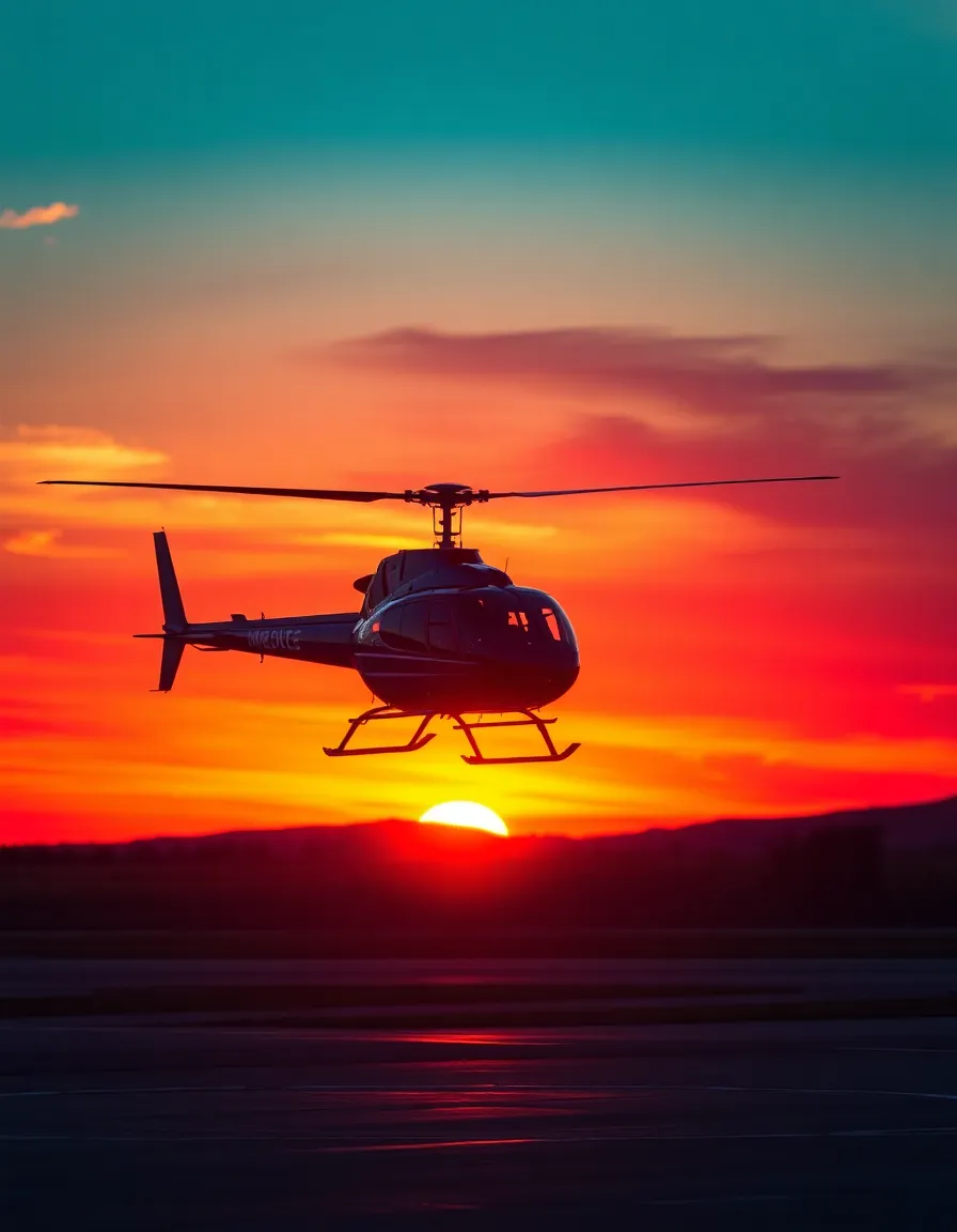 A helicopter takes flight from a heliport, illuminated by the fiery hues of a vibrant sunset. The warm light casts dynamic shadows, enhancing the sense of motion as the rotor blades slice through the air. Positioned off-center in the composition, the helicopter stands against a backdrop of rich colors that evoke a sense of adventure. This image captures the exhilarating moments of aviation against a stunning natural landscape.