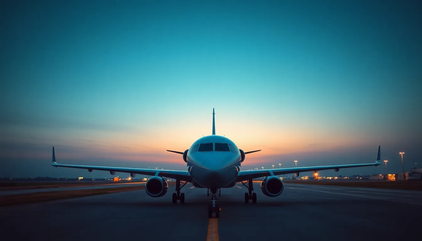 A stunning image of a commercial airliner gracefully landing at sunset, with golden hour light casting a warm glow over the aircraft. The detailed textures of the plane's fuselage are contrasted against the smooth runway, highlighted by rich oranges and deep blues in the sky. The composition utilizes leading lines to focus attention on the landing plane, creating a dynamic and engaging scene that captures the essence of air travel.