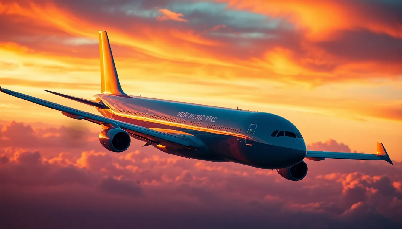 A breathtaking shot of a Boeing 747 soaring through a vibrant sunset sky. The warm golden hour light casts a beautiful glow on the aircraft, while the background features dramatic clouds painted in rich oranges and purples. Captured in a moment of flight, this image evokes a sense of adventure and exploration. The careful composition draws the viewer's eye to the plane, highlighting the intricate details of its metal skin contrasted against the soft atmospheric haze, creating a dreamlike quality.