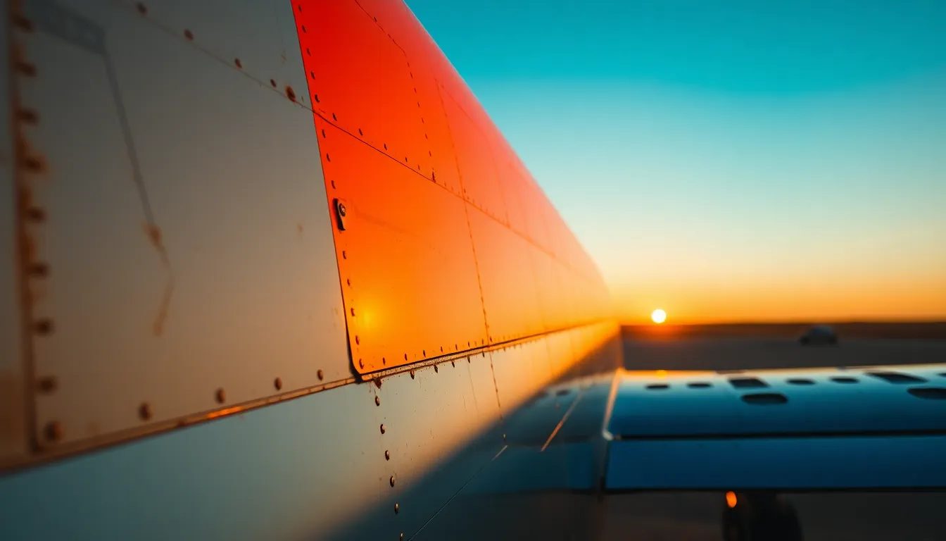A vintage airplane rests on the tarmac during sunset, illuminated by warm golden light. The aircraft’s weathered metal body shines in vibrant orange and teal hues, creating a nostalgic atmosphere. The shallow depth of field isolates the plane, with the background softening into a dreamy bokeh of the evening sky. This composition evokes a sense of adventure and nostalgia for classic aviation.