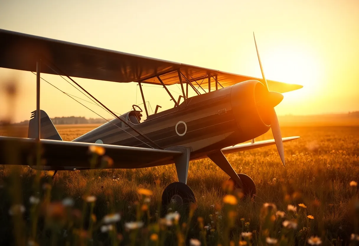 A charming vintage biplane rests gracefully in a field, illuminated by the warm light of golden hour. The soft sunlight highlights the biplane's rich textures of wood and metal, evoking a sense of nostalgia and adventure. Surrounding wildflowers create an enchanting backdrop, softly blurred to enhance the focus on the aircraft. This tranquil scene invites the viewer to experience the beauty of aviation history amidst the serene rural landscape, rendered in warm, inviting tones.