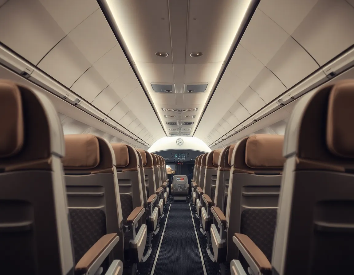 Experience the serene atmosphere of a modern commercial airplane cabin, captured under soft, diffused daylight. The interior presents a blend of luxurious materials and textures, from plush seats to polished surfaces. Overhead, stunning views of clouds stream past the windows, adding depth to the scene. This photograph invites viewers to envision the travel experience in a comfortable setting.