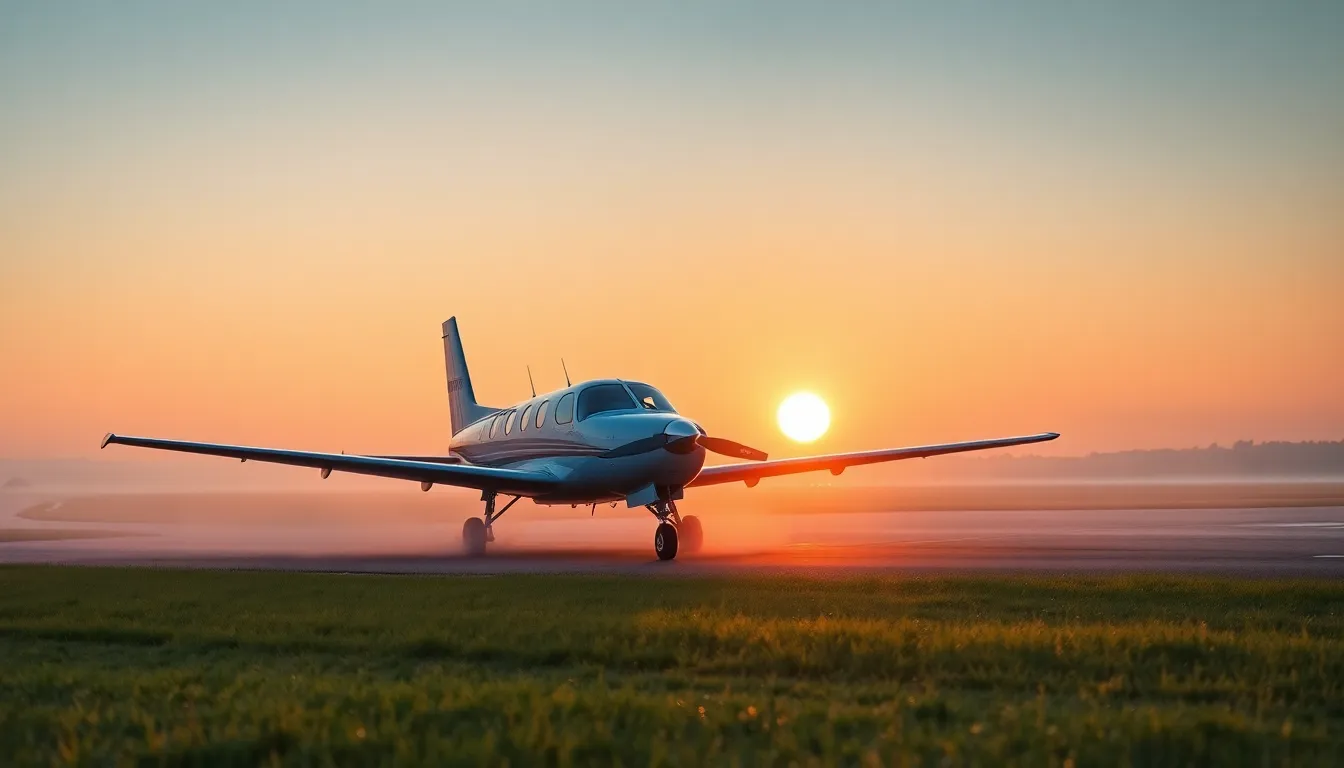 A tranquil scene of a small private plane parked on the airport tarmac at dawn, bathed in soft morning light. The early light creates a serene atmosphere, with mist gently rising from the grass, adding depth to the landscape. The composition adheres to the rule of thirds, highlighting the beauty of the moment, and the soft pastel color palette evokes a sense of calm and peace in this picturesque aviation setting.