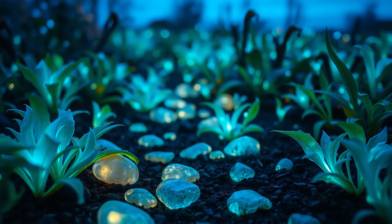This captivating image showcases an alien garden filled with bioluminescent plants that glow in hues of blue and green. The twilight setting enhances the ethereal quality of the scene, creating an otherworldly atmosphere. The intricate details of the flora are emphasized by a shallow depth of field, drawing attention to their unique textures. The path of luminescent rocks leads the eye into the vibrant background, making viewers feel as if they are stepping into another world.