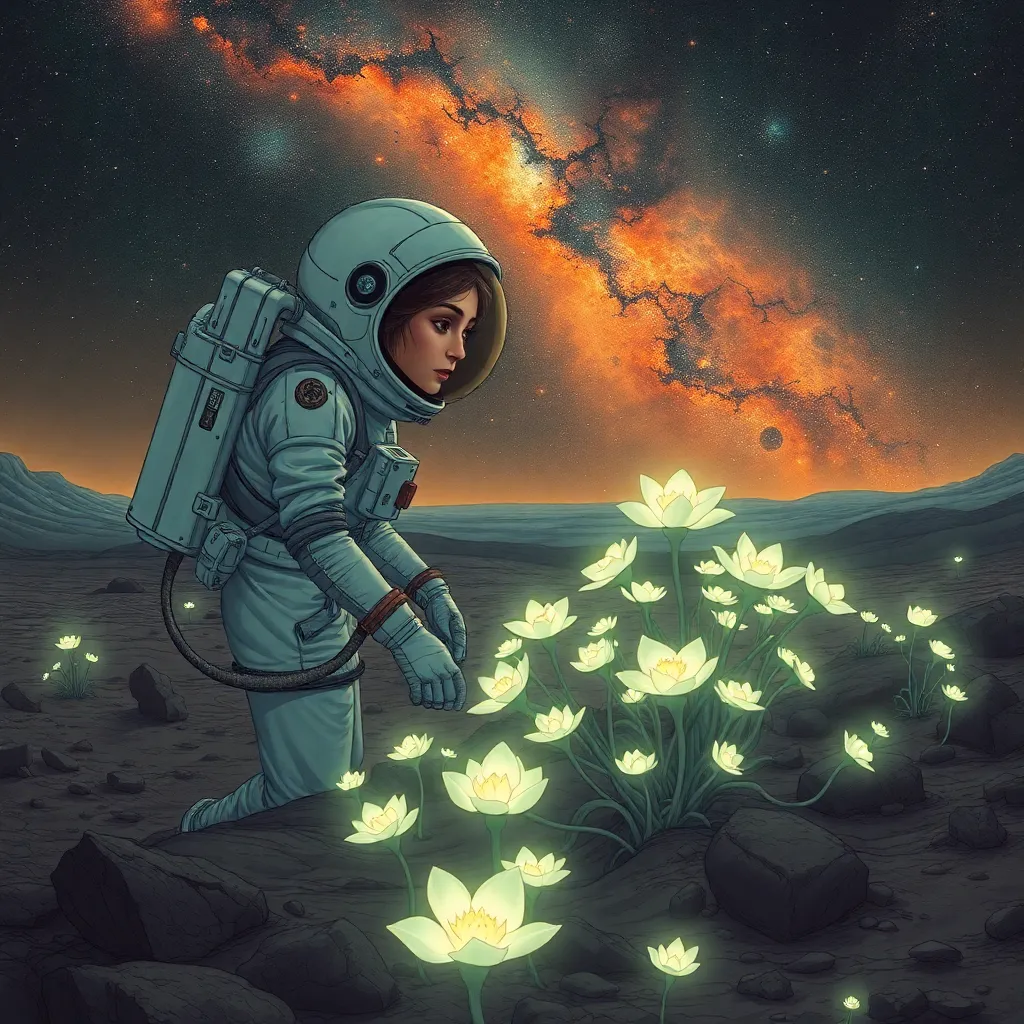 A lone female astronaut tending a bioluminescent garden on a desolate alien plan