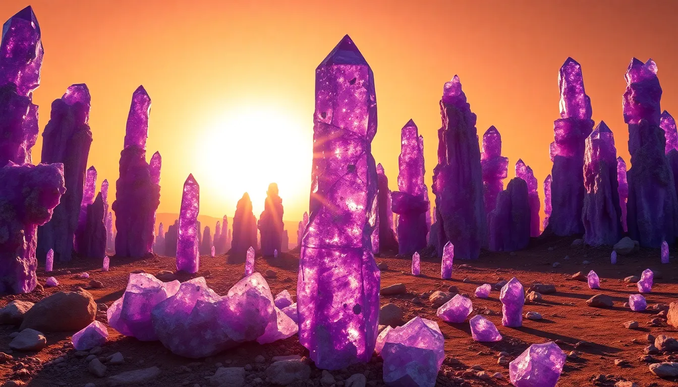 This stunning image depicts an alien landscape dominated by towering violet crystalline structures under a dramatic late afternoon sky. The interplay of light and shadow creates a vibrant contrast, enhancing the surreal feel of the scene. Hyperfocal distance renders intricate details visible from foreground to horizon, showcasing the glass-like textures of the crystals. The composition draws the viewer's eye toward the prominent central crystal, inviting exploration of this otherworldly environment.