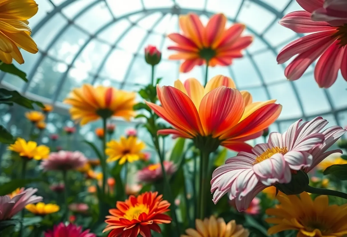 This beautiful image captures an alien garden under a glass dome, blooming with vibrant oversized flowers in a stunning array of colors. The soft, diffused daylight creates a serene atmosphere that enhances the vividness of the petals. A shallow depth of field draws focus to the intricate textures and detailed patterns of the flowers, making them come alive. The symmetrical arrangement invites viewers to appreciate the harmonious beauty of this otherworldly floral display.