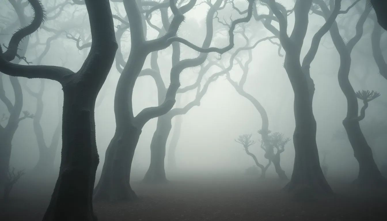 This intriguing image presents an alien forest enveloped in an eerie fog, creating a mystical and captivating atmosphere. The pale daylight filters through the fog, illuminating the unusual plant life and enhancing the forest's otherworldly vibe. A shallow depth of field isolates the intricate details of the flora, while leading lines invite exploration of the winding paths. This enchanting scene draws viewers into the depths of a mesmerizing alien ecosystem.