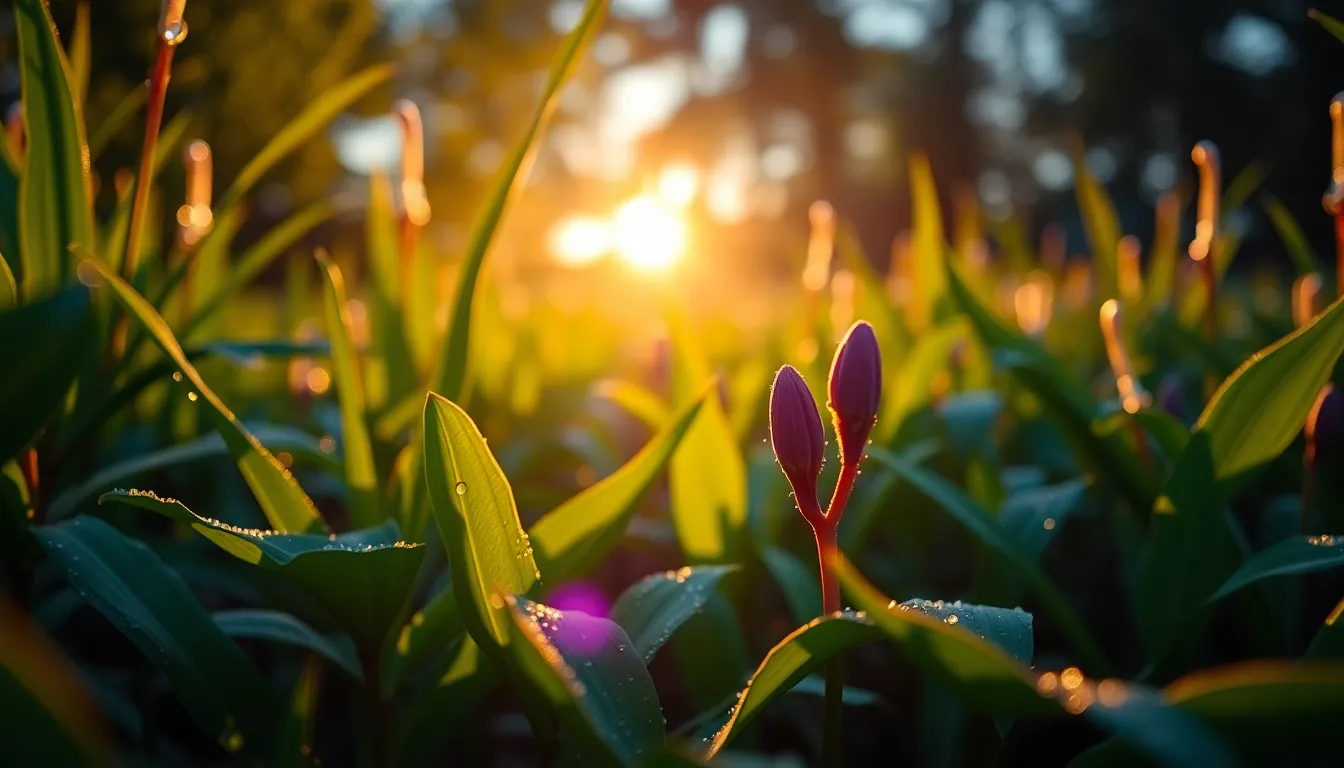 This stunning image showcases a vibrant alien garden at golden hour, with bioluminescent plants casting an enchanting glow. The foliage is rich in deep greens and purples, highlighted by warm backlighting that enhances their otherworldly appearance. Water droplets on the leaves catch the light, adding to the magical feel. The composition features leading lines that guide the viewer's attention towards the luminous centerpiece, creating a captivating focal point.