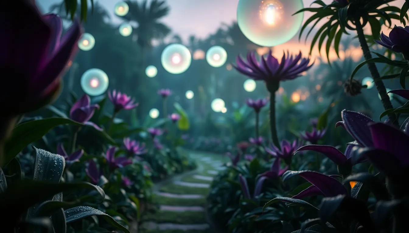 Twilight Bioluminescent Alien Garden This striking image captures a mesmerizing alien garden illuminated by ethereal bioluminescent orbs at twilight. The depth of vibrant greens and purples enhances its otherworldly atmosphere, inviting the viewer to explore the winding path through towering, glossy plants. The scene's shallow depth of field focuses on the intricate textures of the foliage, while a dreamy bokeh blurs the enchanting background. This captivating visual showcases the beauty and mystery of alien environments.
