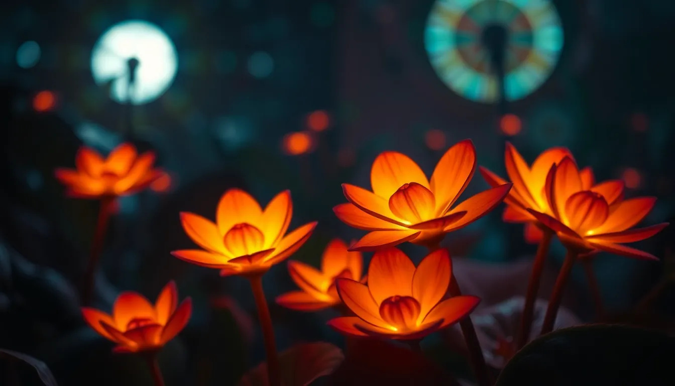 This mesmerizing image captures an alien garden illuminated by bioluminescent flora, casting an enchanting glow against the dark background. The selective focus highlights the intricate layers of petals, resembling stained glass, while cinematic color grading adds to the surreal ambiance. The ethereal glow and rich textures invite viewers into this dreamlike natural wonder.