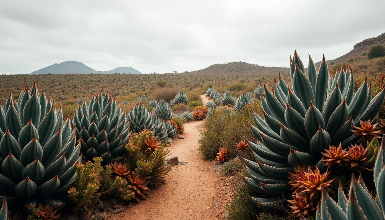 Explore a sprawling alien garden filled with an array of uniquely-shaped succulents under a softly diffused overcast sky. The muted earth tones create an otherworldly atmosphere, drawing attention to the intricate textures and patterns of the succulent surfaces. A winding path guides the viewer's eye through the scene, inviting curiosity and exploration. The sharp focus on the entire landscape enhances the surreal beauty of this extraterrestrial environment.