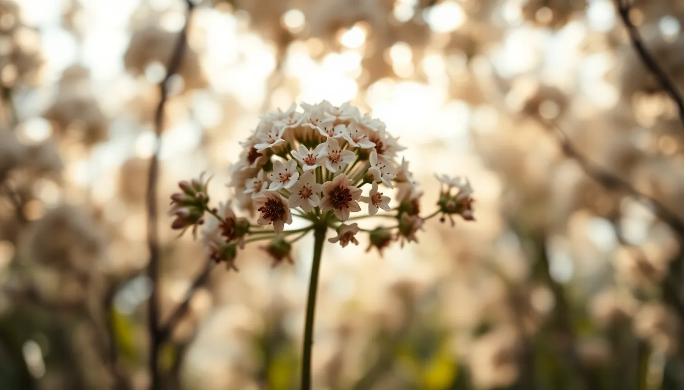 This image showcases an enchanting alien garden bathed in twilight, featuring a stunning bioluminescent flower at its center. Surrounded by large, glowing leaves, the scene is painted with vibrant blues and purples evoking a dreamlike mood. The shallow depth of field draws the viewer's eye directly to the intricate textures of the flower, while the gentle bokeh enhances the otherworldly backdrop. Perfect for illustrating fantasy landscapes and extraterrestrial themes.