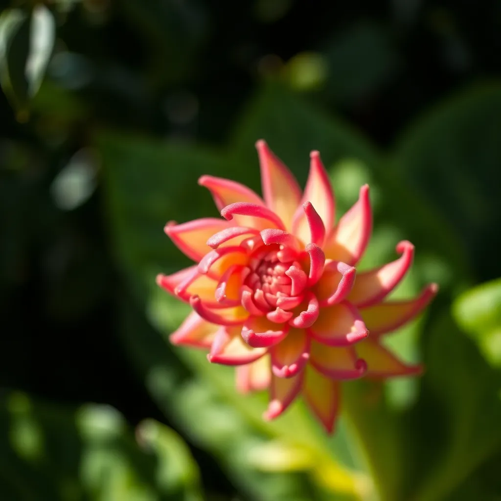 This mesmerizing close-up image showcases a unique alien flower with intricately spiraling petals, bursting with vibrant pinks and greens. Soft natural light filters through the surrounding leaves, creating a dappled effect that highlights the flower's intricate details. A shallow depth of field draws focus to the petals, while a creamy bokeh enhances the delicate beauty of the scene. Using the rule of thirds, the flower is positioned slightly off-center, adding visual interest and inviting viewers to appreciate the complexity of this alien species.