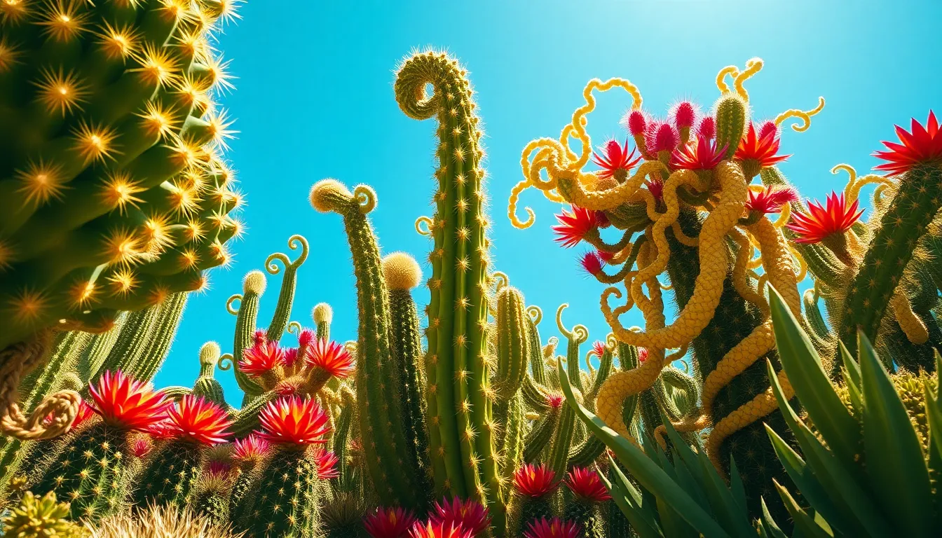 This colorful image features a vibrant alien garden filled with an eclectic mix of plant life, including spiraling cacti and tendril-like vines set against a bright azure sky. The strong midday sun casts vivid shadows and highlights, enhancing the rich color palette of greens, reds, and yellows. With a hyperfocal distance ensuring clarity throughout, the composition uses geometric patterns to draw viewers into the dynamic landscape, immersing them in this otherworldly scene.