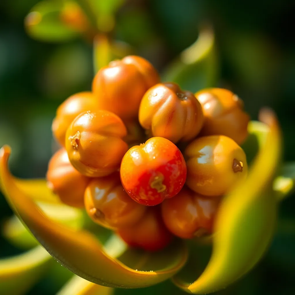 This exquisite close-up reveals a cluster of alien fruits, glistening with moisture in the gentle morning light. The vibrant and unusual colors come alive against a softly blurred background of leaves, highlighting the intricate details and textures of the fruits. With a shallow depth of field, the composition focuses on the unique shapes and surfaces of the fruits, creating an intimate and captivating portrayal of this otherworldly produce. The soft, circular framing further draws attention, inviting viewers to appreciate the beauty of extraterrestrial flora.